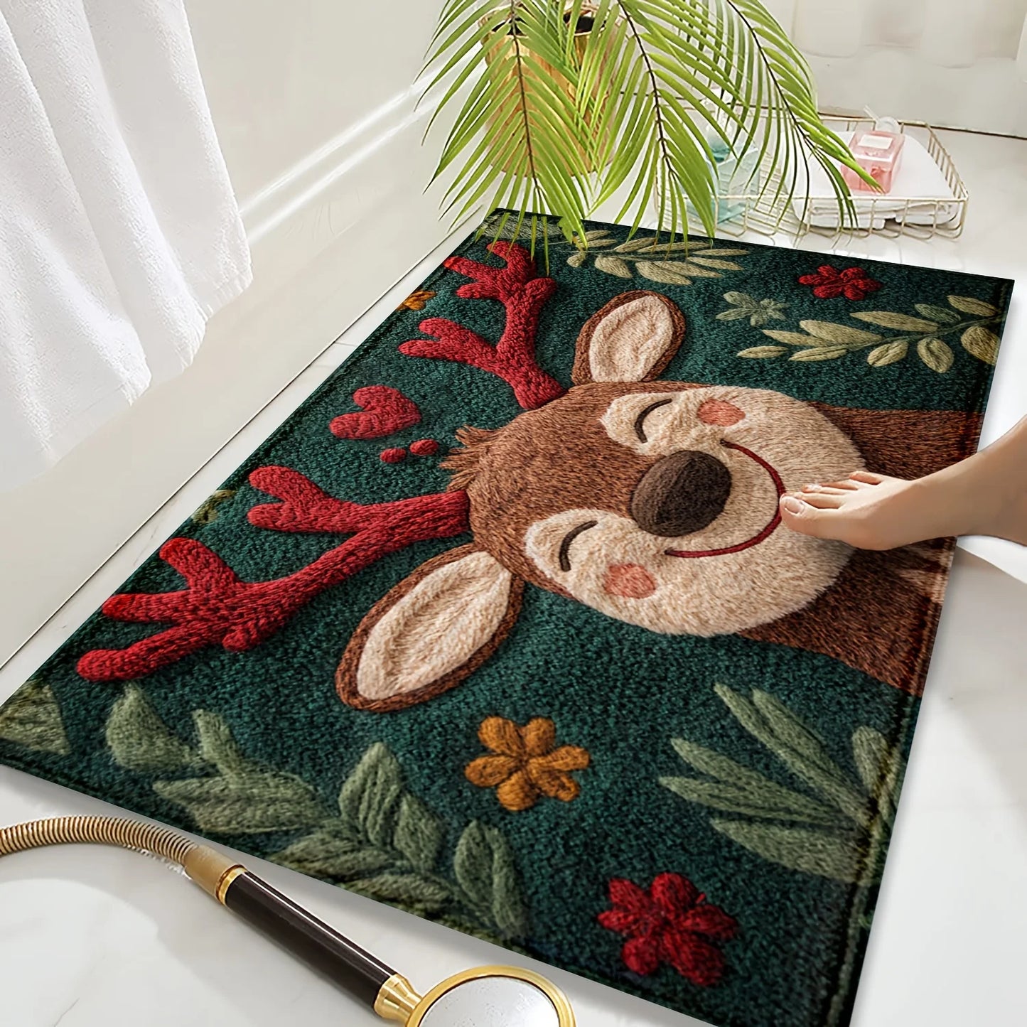 Fluffy Christmas Deer Microfiber Bath Mat - Quick-Dry & Absorbent